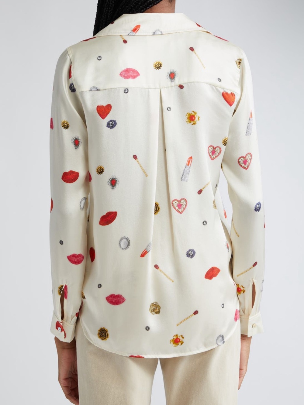 L’Agence Tyler Silk Champagne Multi Heart Jewel Button Up Long Sleeve Blouse - Picture 6 of 13